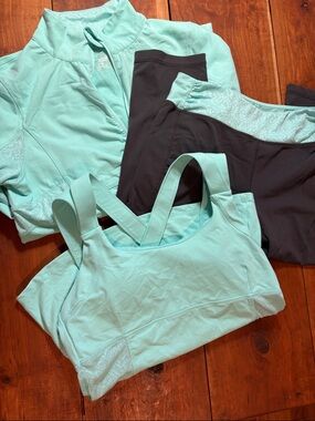 Kyodan Light Aqua Bundle Sports Bra Tank Cropped Leggings Jacket Large Women